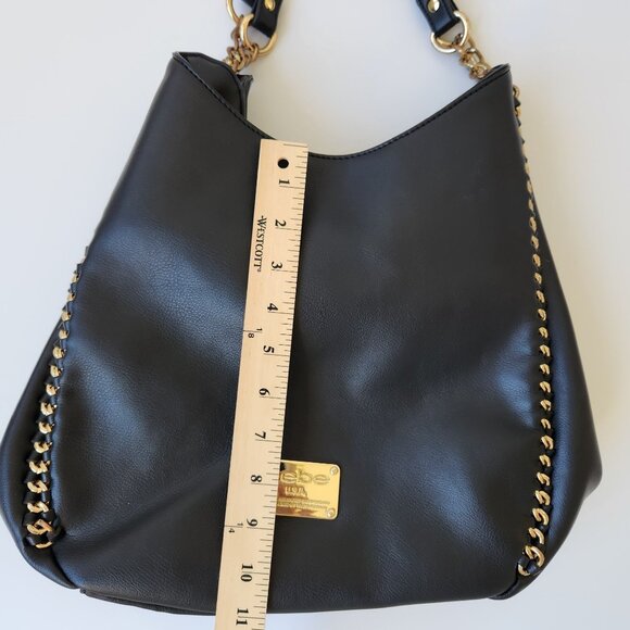 Bebe Black Faux Leather Bag Purse Large Gold Chains Glam Edgy Maximalism Loud - Picture 14 of 16